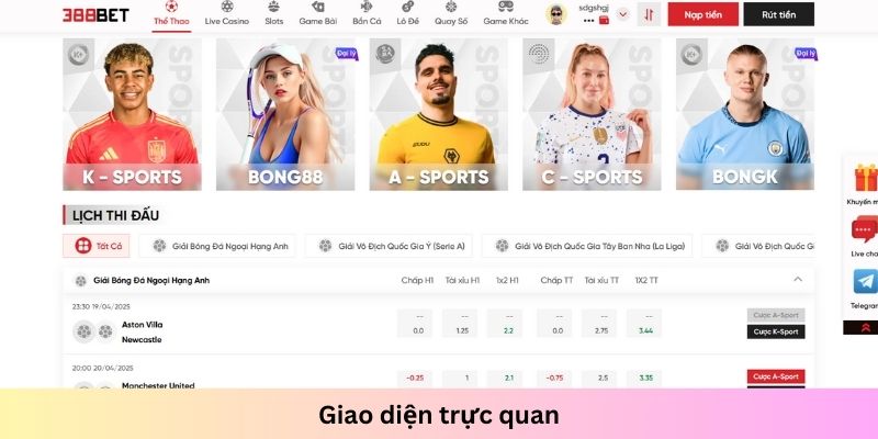 Giao diện của sảnh thể thao được thiết kế đẹp mắt, trực quan